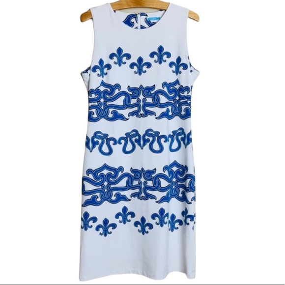 J. McLaughlin Sophia Dress Byzantium Fleur De Lis Size Medium White Blue - Picture 2 of 7